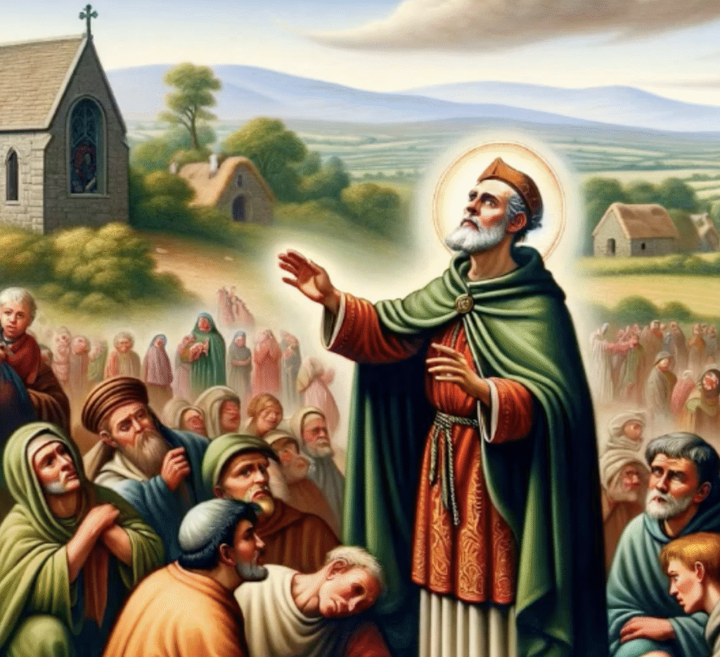 Painting of Abban as an older man in abbot's robes standing among a crowd of seated peasants. He is gazing skyward and has one hand raised in blessing.